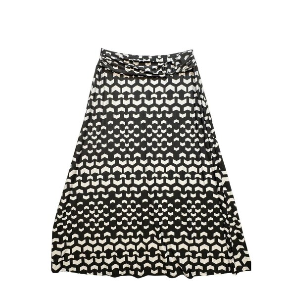 Robert Louis Womens A-Line Midi Skirt Size L Black White Geometric Casual Chic - Picture 1 of 11